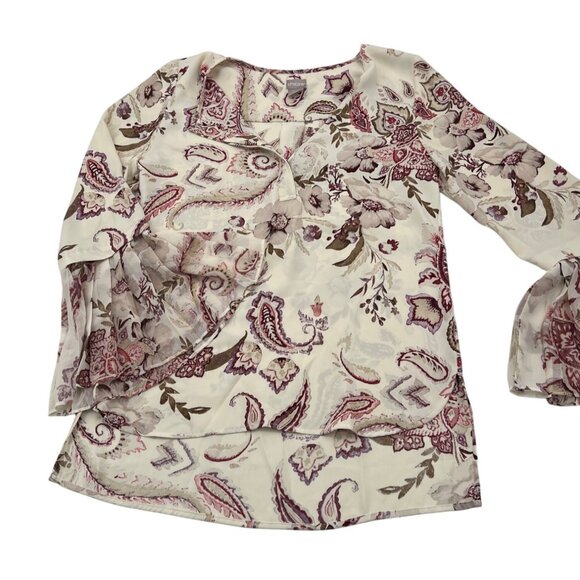 Chicos 0 small Boho Paisley Floral Print Sheer Bell Sleeve Blouse Top - Cream/Pu - Picture 1 of 4